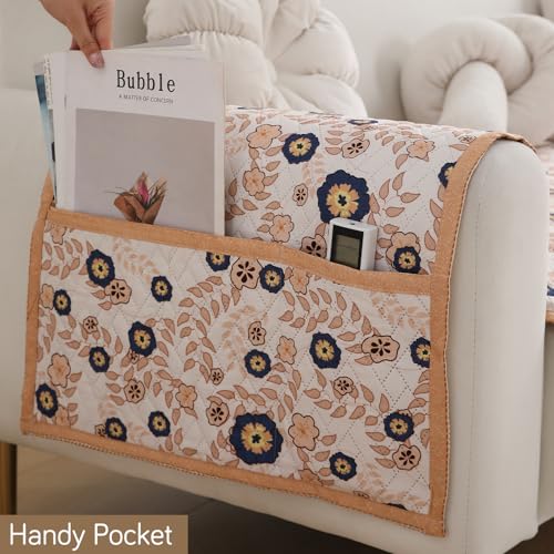 Image of HOKIPO 'HomeHues Series' Printed Quilted Sofa Seat Mat for 3 Seater Sofa with 2 Armrest Covers with Pockets, Light Peach Candytuft (IN-809-D6 + IN-814-D6*2)