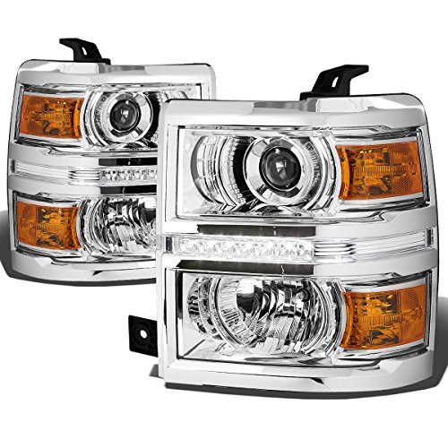 Pair LED DRL Strip Chrome Housing Amber Corner Projector Headlight Head lamps Compatible with Chevy Silverado 1500 14-15