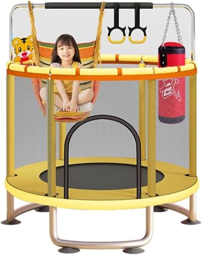 Acnivkoトランポリン 室内 子供用 亜鉛メッキ鋼構造 静音設計 高弾力 耐荷重300KG 高さ調節可能5 in 1 トランポリン サンドバッグ・ハンモック・鉄棒・バスケットボール・バスケットボールフープ付き 1?3人用 (イエロー,1.5m)