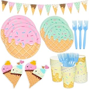DYLIVeS 132 Pcs Ice Cream Birthday Party Supplies, Ice Cream Disposable Tableware Set Party Table Decorations for Girl, 9” and 7” Plates, Napkins, Cups, Forks, Banner, Serves 24