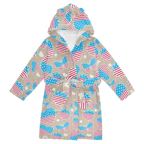 WIFIU Toddler Baby Hooded Bathrobe for Boys Girls 4th Of July Hearts Butterflies Printed, Soft Plush Bath Towel Robe with 2 Pockets Independence Day for 4-6 Years