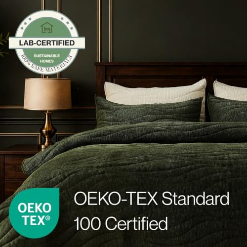 Image of DOWN HOME Crinkle Textured Velvet Quilt Set with Shams, All-Season Luxury Modern Bedding,Easy Care Comforter,Ultra-Soft,Lightweight & Breathable, Cali King, Courtyard Green