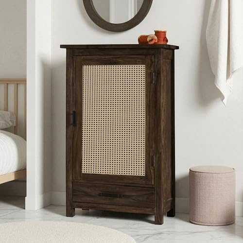 Image of The Attic Sheesham Mini Glazed Bookcase Walnut with Cane, Multipurpose for Living Room Bed Room Study, Solid Wood, Walnut Matte Finish