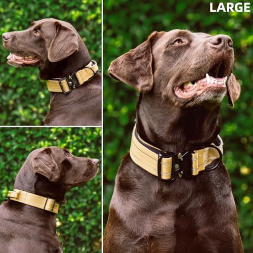 Image of Tuff Pupper Tactical Dog Collar | Heavy Duty 1.5 inch Wide Ballistic Nylon | Training Control Handle | Quick-Release Metal Buckle | Reflective Bands | ID Tag Holder | Padded Inner Lining (Tan, Large)