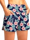 G Gradual Women's 3" High Waisted Swim Board Shorts with Pockets Quick Dry Swimsuit Bottoms Bathing Suit for Women with Liner(Navy Flower,XXL)