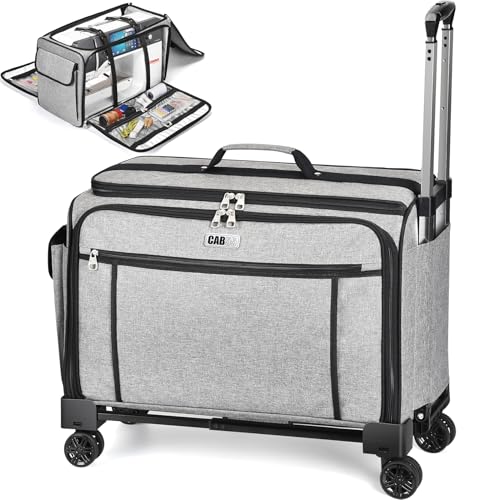 CAB55 XXL 23-Inch Rolling Sewing Machine Case with 4 Wheels, Extra Large Carrying Case for Professional Embroidery and Heavy Duty Sewing Machines with Bottom Support Board (Gray)