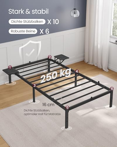 VASAGLE Doppelbettgestell, Bettrahmen, Bettgestell aus Metall, mit Aufbewahrungsregalen, Gästebett, passend für 90 x 200 cm Matratze, einfache Montage, tintenschwarz RMB092B01
