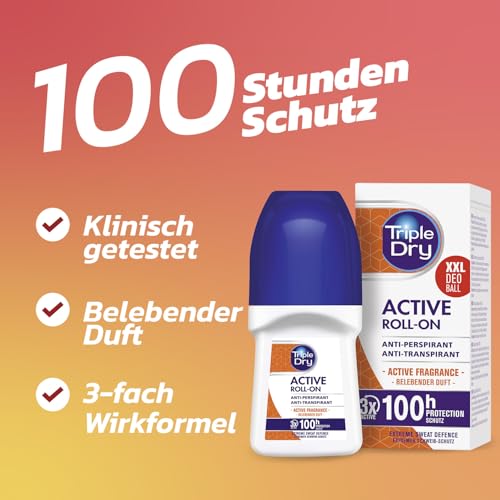 Triple Dry Anti-Transpirant Roll-On Active | Deoroller gegen starkes Schwitzen | Antibakterielles Deodorant für 100 h Schutz | Parfümfrei | Für Frauen & Männer | 50ml