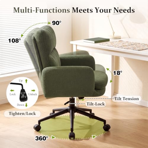 Image of Comfortable Ergonomic Office Chair, Upholstered Desk Chair with Double-Layer Cushioning, Adjustable Height Swivel Task Chair with Padded Armrests, Rolling Wheels and Metal Base, Green