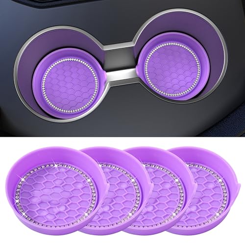 Image of Amooca 4-Pack Car Cup Holder Coaster Bling Crystal Rhinestone Car Interior | Universal Fit Most Car SUV Truck, Non-Slip Silicone, Spill-Proof Deep Cup Shape, Heat Resistant, Sparkly Decor, Purple