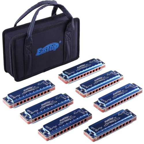 East top ハーモニカ 7セットブルースハープ 10ホール20トーン 真鍮カバー キャンバスケース 清潔布 初心者 専門家 勉強 練習用 ダイアトニックハーモニカ(T008K-BL-7)