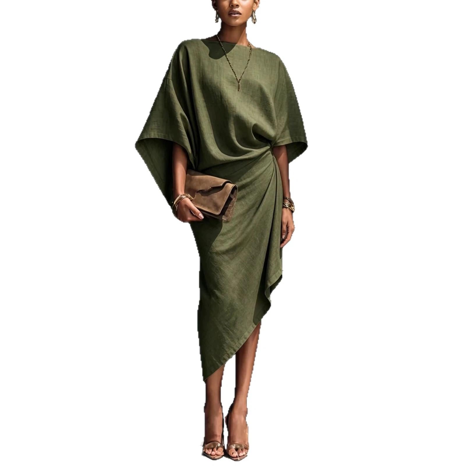 Vestito Maxi Estivo a Maniche da Pipistrello da Donna Casual Solido Abito Festivo