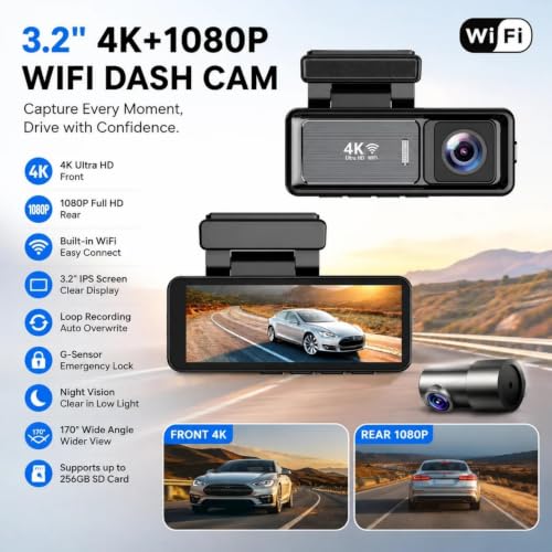 Cámara de coche doble WiFi 4K con sensor G grabadora delantera e interior y gran angular 170° 2
