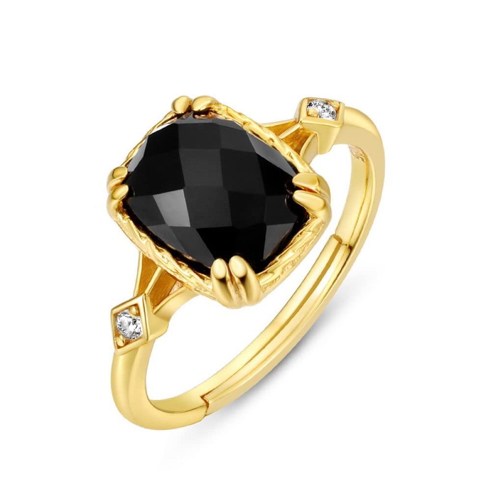 Anello In Argento 925 Da Donna,Anelli Sfaccettati Regolabili Per Donna Quadrato Nero Onice Argento Sterling 925 Micro Pavé Zircone Retro Placcato Oro 7 Chakra Anelli Di Promessa Per Ragazze Signore