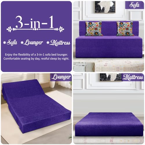 Image of Los Angeles Foldable Two Seater Sofa Cum Bed, Sofa Bed 4 X 6 Feet Jute Fabric Washable Cover- Including Cushion Perfect for Living Room - Purple