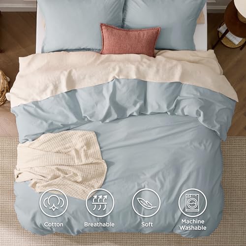 Bedsure 100% Stone Washed Cotton Duvet Cover Queen - Cornflower Blue Minimalist Duvet Cover Linen Like for All Seasons - GentleSoft™ Plain Simple Bedding (Cornflower Blue, Queen, 90"x90")