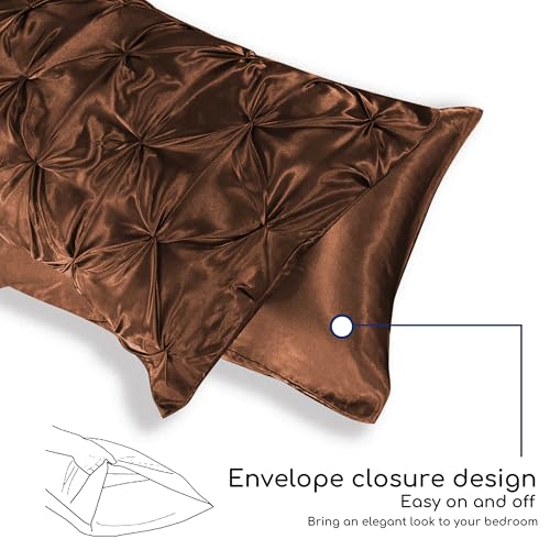 MR&HM Satin Comforter Twin 5 Pieces - Luxurious Pinch Pleat Bedding Set with Comforter, Flat Sheet, Fitted Sheet, Pillowcase & Sham, Super Silky Soft Bed Set for All Season (Twin, Brown)