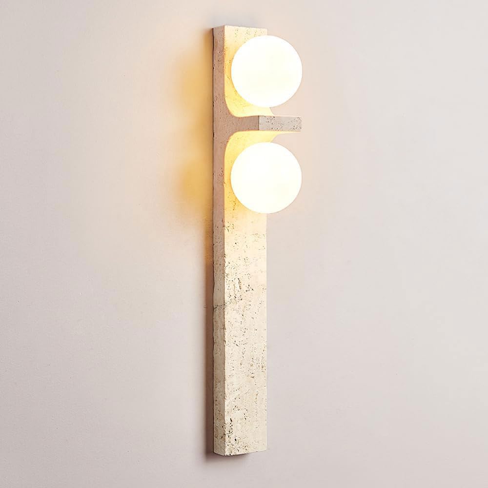 SSBHDM Wabi Sabi Style Wall Lamp, G9 Light Source Spherical Glass Lampshade Wall Light, 19.7 in Yellow Travertine Wall Sconce, Restaurant Living Room Bedroom Wall Mounted Lighting Fixtures