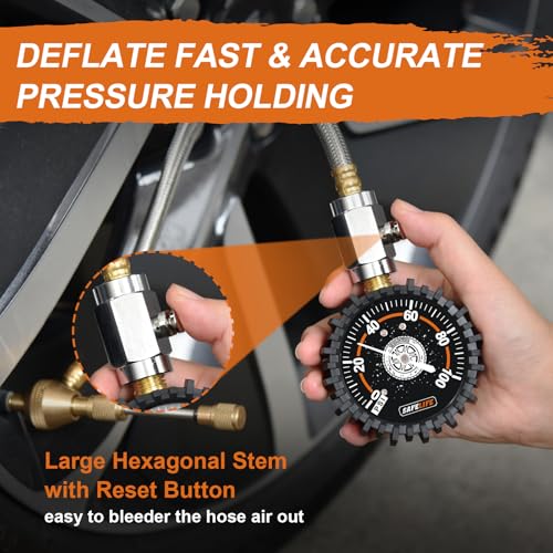 Image of Tire Deflator with Pressure Gauge (0-100psi) Adjustable Tire Air Down Tool - Large 2.5 inch Easy Read Glow Dial & Solid Brass Hardware - Rapid 4x4 Offroad Deflator Kit for Jeep, Truck or ATV