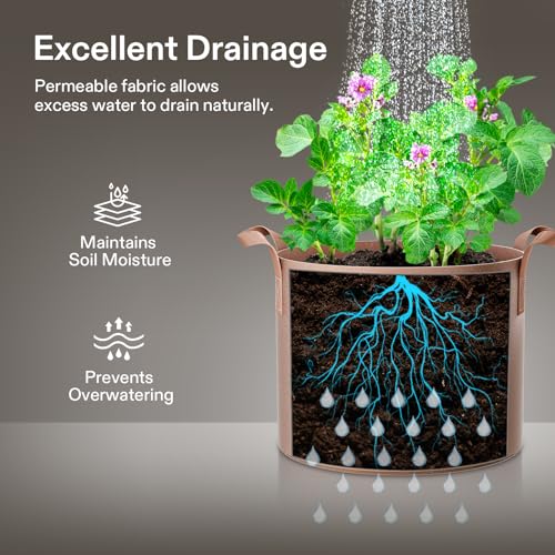 Image of VIVOSUN 5-Pack 2 Gallons Grow Bags Heavy Duty Thickened Nonwoven Fabric Pots with Strap Handles Tan