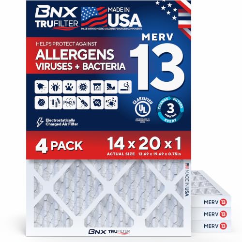 BNX TruFilter 14x20x1 Air Filter MERV 13 AC Filter, HVAC Furnace Filter, 6 Pack (ACTUAL SIZE 13.68"x19.68"x0.75") Allergies, Dust, Pet Dander & Smoke - MADE IN USA - MPR1500 / FPR 10