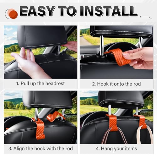 Image of SINGARO Universal 4 Pack Car Seat Headrest Purse Hook, Carbon Fiber Back Seat Hook Storage Organizer Hanger for Purse Handbag Coat, Car Interior Accessories(Orange)