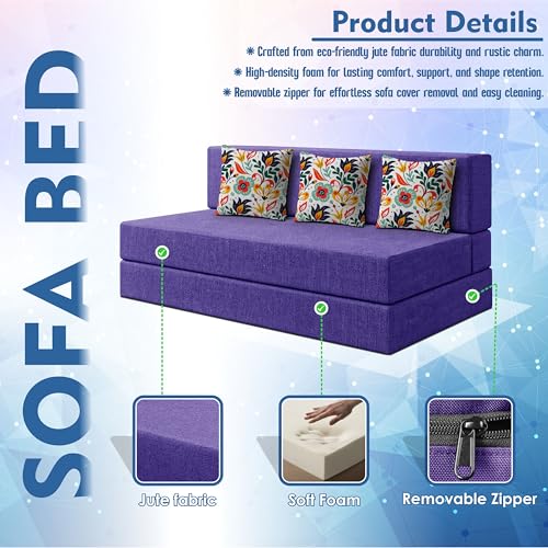 Image of Los Angeles Foldable Three Seater Sofa Cum Bed, Sofa Bed 5 X 6 Feet Jute Fabric Washable Cover- Including Cushion Perfect for Living Room