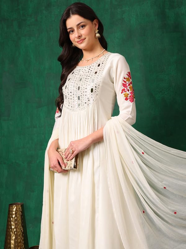 Image of NIVANA Stylish Womens Mirror Embroidered Kurta with Pant & Embroidered Dupatta | Lightweight & Breathable | Ethnic Traditional Outfit for Womens & Girls (White,S)