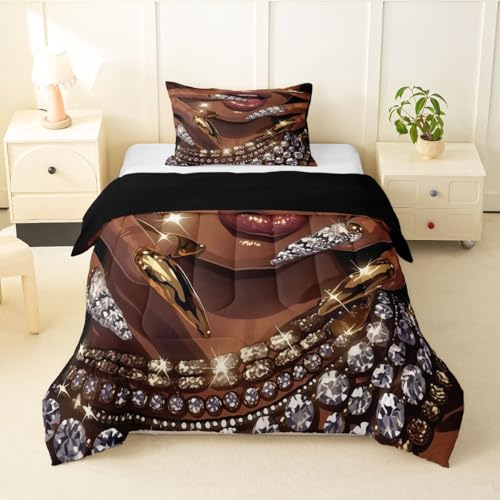 Image of Erosebridal Black Woman Comforter Set African American Toddler Bedding Set for Teens Adult Afro Black Female Duvet Insert Glitter Artwork Magical Bed Set Room Decor (1 Comforter, 1 Pillowcase)
