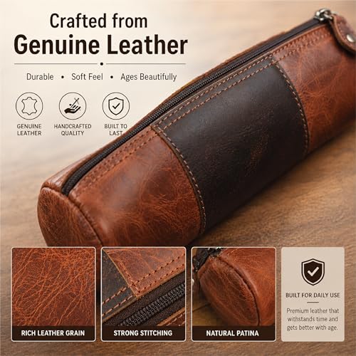 Image of Genuine Leather Pencil Pouch, Handcrafted Zipper Organizer Case with Wrist Strap, Durable Multi-Purpose Storage for Stationery, Travel & Accessories, 8 x 2.5- Tan