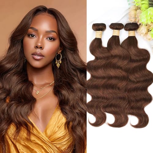ALLRUN Brown Body Wave Bundles Human Hair 14 16 18 Inch Chocolate Brown Human Hair Bundles 12A 100% Unprocessed Remy Brazilian Virgin Hair Body Wave Human Hair Extension Color 4Reddish Color