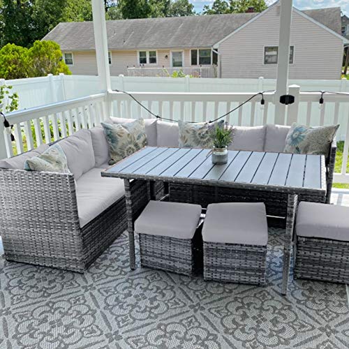 Lovinouse 7 Piece Patio Furniture Sets, Outdoor Conversation Set, All Weather Wicker Sectional Sofa Couch, with Dining Table and Ottoman, Cushions, Red Pillows, for Backyard Garden (Gray) - Thumbnail 2