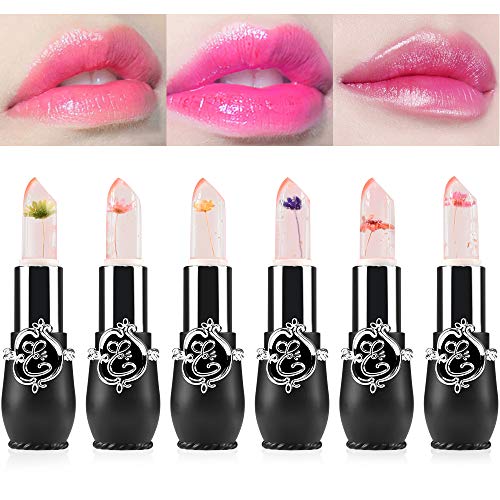 Ownest 6PCS Crystal Flower Jelly Lipstick Set, Long Lasting Nutritious Lip Balm Lips Moisturizer Magic Temperature Color Change Lipstick-Black
