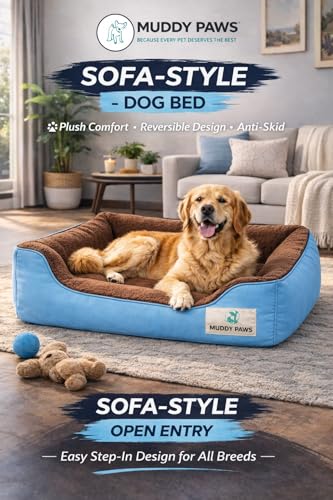 Image of MUDDY PAWS Reversible Sofa Style Dog Bed - XXL (95 x 73 x 22 cm) - Plush Fur Surface, Removable Cushion & Anti-Skid Base - Sky Blue & Brown