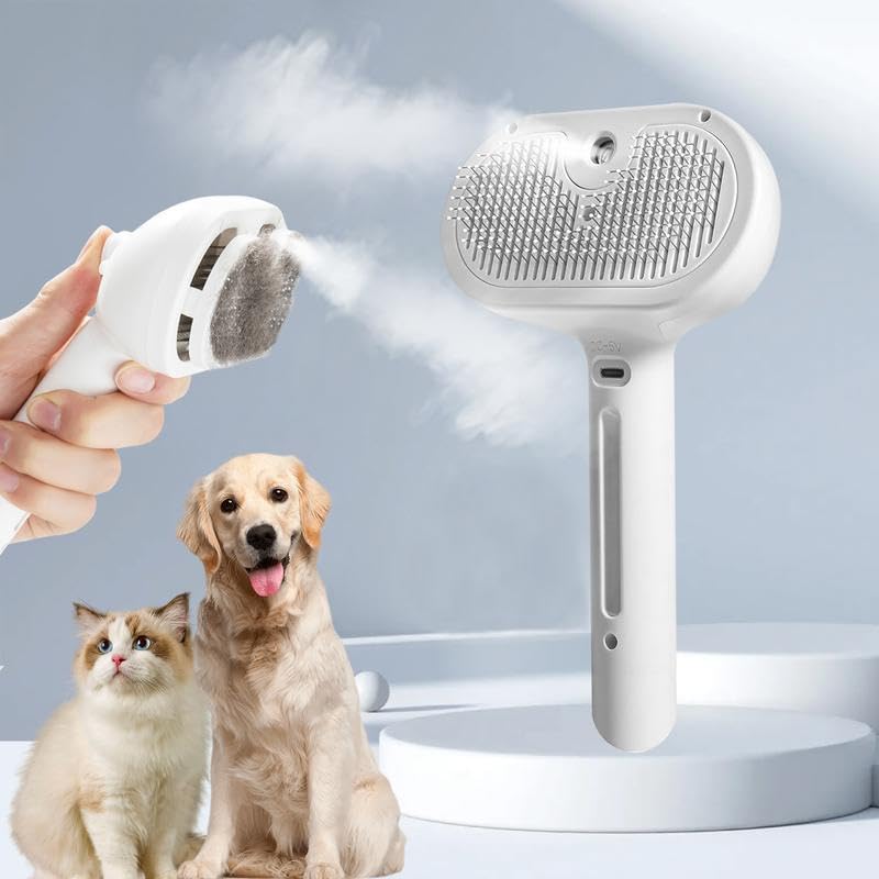 Cepillo de perro gato de vapor, 3 en 1, cepillo de vapor recargable con depósito transparente, peine de acero inoxidable, función de vaporización con un botón para perros y gatos de pelo corto/largo
