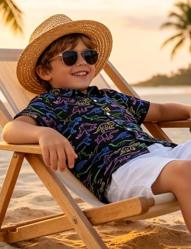 Image of Boys Hawaiian Shirt Kids Button Down Aloha Beach Hawaii Tops 5-14Y | Quick Dry, Breathable, Cooling & Lightweight, For Summer Vacation Holiday, Fourth of July, Youth, Teen, Shark, Dinosaur