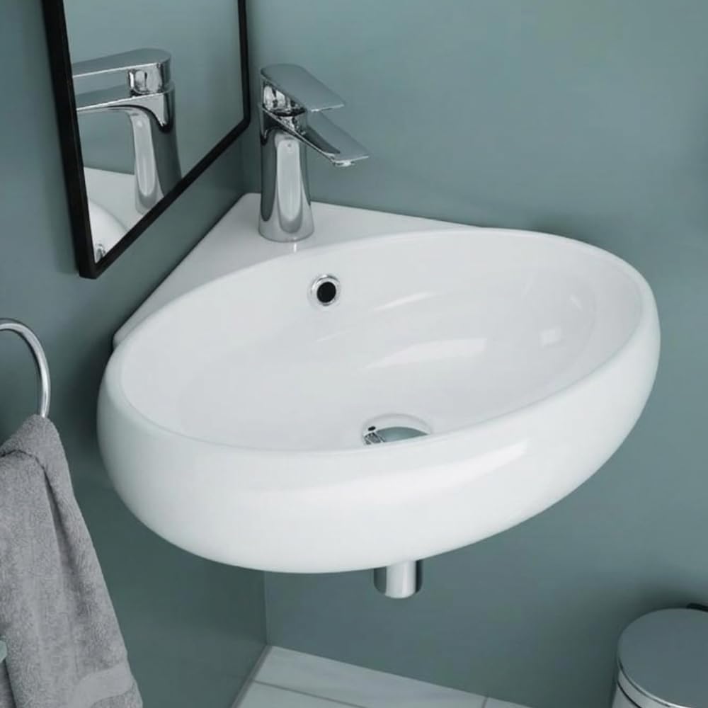 Db Durovin Bathrooms Glossy White Durovin Bathrooms Ceramic Bathroom Basin - Corner Wall Hung Sink For Cloakroom Bathroom- Round Shape Washing Bowl (400 X 380 X 145Mm)