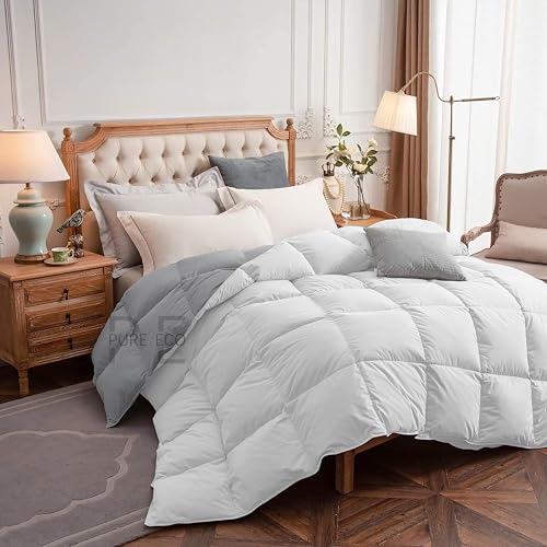 Image of PURE ECO Reversible 300 GSM Comforter King Size - Luxury & Soft Microfiber 300 GSM Comforter for Winter - Duvet /Blanket King Size (90 inchX106 inch) - White /Silver Grey Color