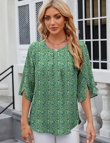 Mansy Womens Tops Dressy Casual Pleated Scoop Neck 3/4 Sleeve Summer Shirts Office Work Chiffon Blouses3