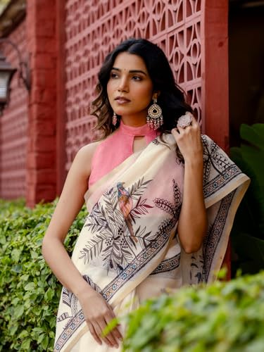 Image of SIRIL Women's Printed Cotton Linen One Minute Ready to Wear Saree With Unstitched Blouse Piece
