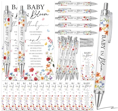 JarThenaAMCS 24 Sets Wildflower Baby Shower Appreciation Gifts with 100 Silver Twist Ties Floral Baby in Bloom Ballpoint Pens with Thank You Cards for Guests Party Favors Game Prizes Keepsakes
