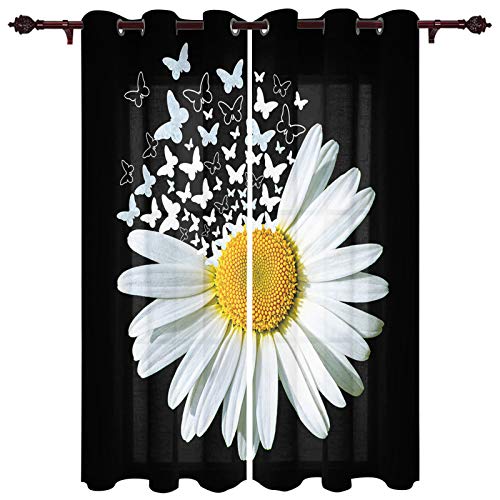Window Treatment Sheer Curtains White Daisy Floral Butterfly Black Backgound,2 Panels Kitchen Tier Grommet Draperies & Curtains 39 Inch Length For Living Room/Bedroom/Patio/Sliding Glass Door #TOP7