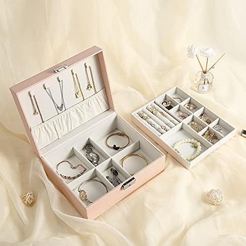 Chelory Jewellery Box Organiser for Women Girls, 2 Layers Large Jewellery Storage Case with Stackable Layer Removable Tray for Necklace Earrings Rings Bracelets Jewelry Boxes Gift, Pink