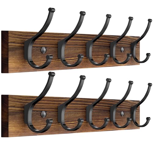 Optish 2 Pack Wooden Coat Rack Wall Mount, 16.1″ Rustic Coat Hanger Hooks with 10 Double Hooks, Wall Coat Rack for Hat, Clothes, Bags, Jacket, Brown