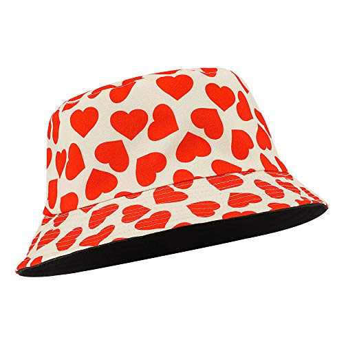 MNXA Unisex Cow Zebra Print Bucket Hat, Folding Reversible Fisherman-Cap,Summer Sun Hat,100% Cotton(Beige red Heart)