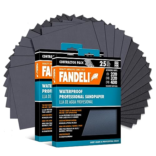 Fandeli | Wasserfestes Schleifpapier | Verschiedene Körner | (220, 320, 400) | 50 Blätter von 23 x 28 cm | Wasserdichte Auto-Schleifpads | Schleifen von Farbe | Schleiflack