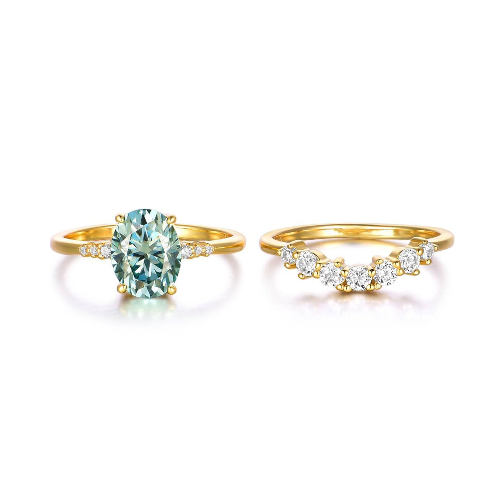 Set di anelli da donna in oro giallo 18 carati, anello a doppia fascia con moissanite verde