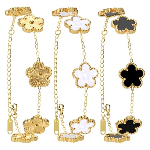 AICase 18K Gold Plated Clover Bracelet Dupes Gold/White/Black Bracelet Set for Women Flower Leaf Lucky Clover Bracelets Trendy Jewelry Birthday Gifts for Women/Mon/Friends