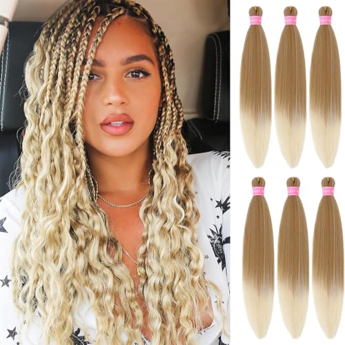 MSBELLE Braiding Hair,26 Inch 6 Pack Ombre Blonde Braiding Hair Pre Stretched Extensions for Women Synthetic Soft Yaki Texture Crochet Braids Hair Extensions(27/613#)