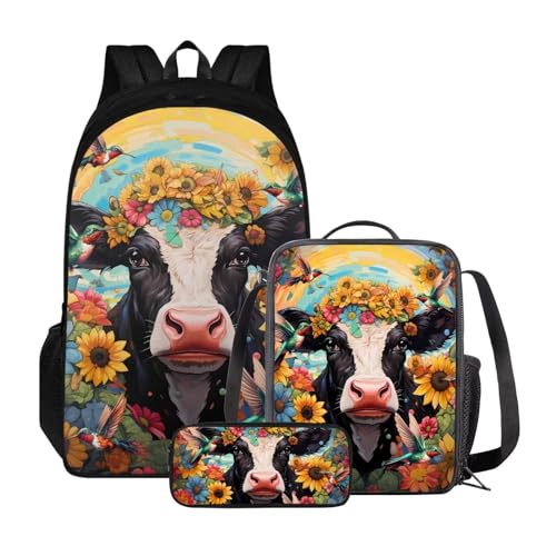 Set di 3 zaini per la scuola con borsa per il pranzo e astuccio zaino per libri universitari per studenti allaperto Mucca Girasole Retro Taglia unica Zaini Daypack
